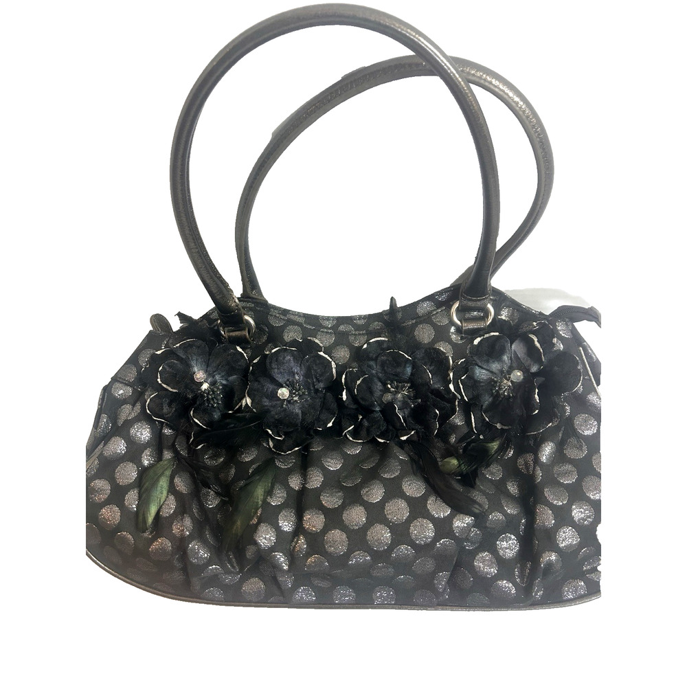 Hananel Black Feathers Flowers Bling Purse Hand Bag Embellished Silver Polka Dot